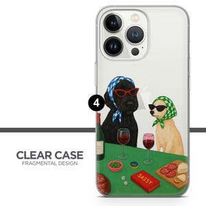 May include: Clear phone case with a whimsical illustration of two dogs wearing sunglasses and headscarves, enjoying wine and snacks. The case features the text "SASSY" on a red book and the words "CLEAR CASE FRAGMENTAL DESIGN".