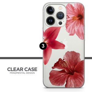 Puede incluir: Funda transparente para tel&eacute;fono con un dise&ntilde;o floral de flores de hibisco rojas y rosas. La funda tiene un fondo transparente y el texto "CLEAR CASE FRAGMENTAL DESIGN".