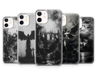 May include: A collection of five phone cases with gothic-themed artwork. The cases feature black and white illustrations of angels, cemeteries, and gothic architecture. The cases are made of clear plastic and are designed to fit a smartphone.