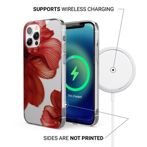 Puede incluir: Funda transparente para tel&eacute;fono con dise&ntilde;o floral rojo. La imagen muestra la funda con un tel&eacute;fono que muestra una pantalla de carga. El texto dice "SUPPORTS WIRELESS CHARGING" y "SIDES ARE NOT PRINTED".