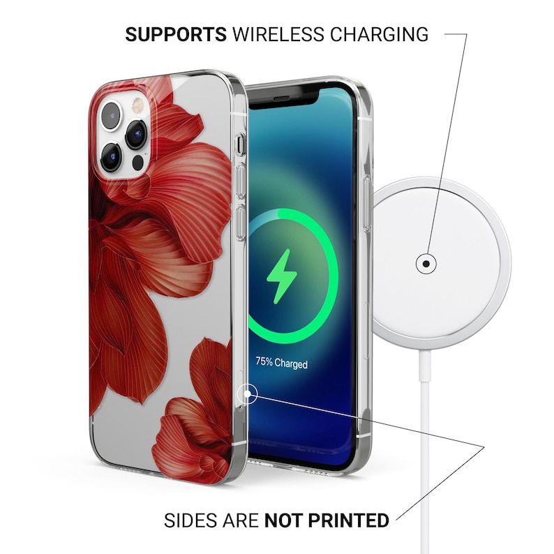 Puede incluir: Funda transparente para tel&eacute;fono con dise&ntilde;o floral rojo. La imagen muestra la funda con un tel&eacute;fono que muestra una pantalla de carga. El texto dice "SUPPORTS WIRELESS CHARGING" y "SIDES ARE NOT PRINTED".