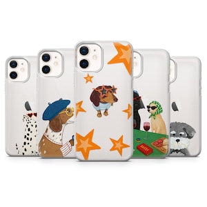 May include: A set of clear phone cases with dog illustrations. One case shows a dachshund wearing sunglasses and a striped top, with orange star designs. Other cases feature different dog breeds.