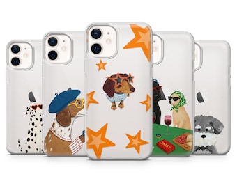 Puede incluir: Varias fundas transparentes para teléfono con ilustraciones de perros. Una de ellas muestra un perro salchicha con gafas de sol y una camisa a rayas, rodeado de estrellas naranjas.