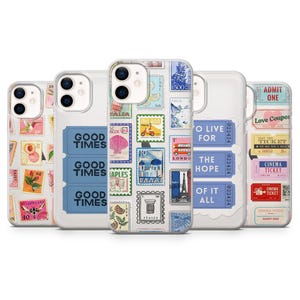 May include: A selection of phone cases with diverse designs. One case displays blue ticket stubs with "GOOD TIMES". Another case has a collage of postage stamps. Other cases feature travel-themed designs and cinema tickets.
