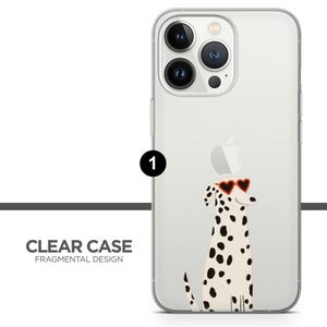 May include: Clear phone case with a dalmatian dog design. The dog has black spots and is wearing heart-shaped sunglasses. The case has the text "CLEAR CASE FRAGMENTAL DESIGN".
