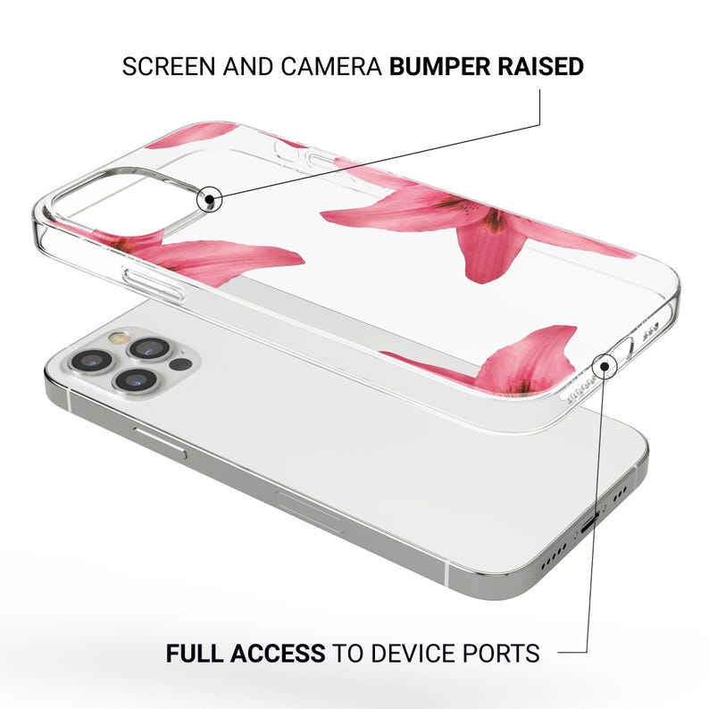 Puede incluir: Funda transparente para tel&eacute;fono con un dise&ntilde;o floral de p&eacute;talos de lirio rosa. La funda es transparente, lo que permite ver el color del tel&eacute;fono. El texto de la imagen dice "SCREEN AND CAMERA BUMPER RAISED" y "FULL ACCESS TO DEVICE PORTS."