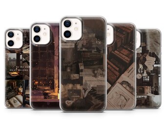May include: A collection of five phone cases with vintage-themed designs. Each case features a different collage of imagery, including books, candles, and handwritten text. The color palette is primarily brown and sepia tones.