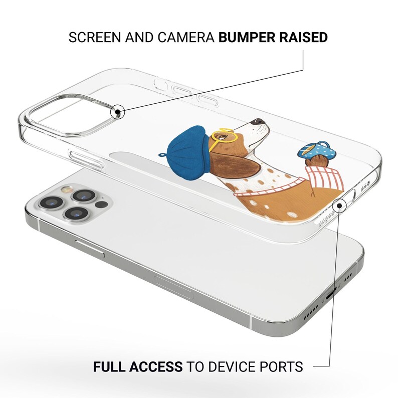 May include: Clear phone case with a cartoon dachshund wearing a blue hat and glasses. The case has a raised screen and camera bumper and full access to device ports. The dog is brown, white, and tan.