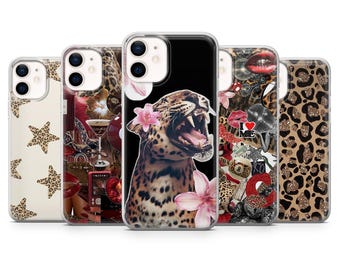 May include: A collection of five phone cases. The cases feature various designs, including a leopard print, a roaring leopard with pink flowers, a collage of cocktail glasses and red accents, and a case with star and leopard print patterns.