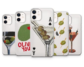 Clear Olive Phone Case Dirty Martini Fancy Cocktail Cover for iPhone 16, 15, 14, 13, 12, Samsung S24, S23, S22, A16, A15, Pixel 9Pro XL, 8A