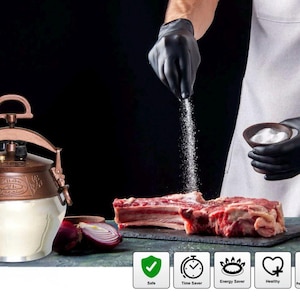 May include: A copper and white pressure cooker with a handle is displayed next to raw meat being seasoned with salt. The image also includes garlic, oil, and a halved red onion. Icons indicate safety, time-saving, and energy-saving features.