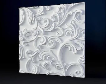 May include: White wall decor with a raised, intricate floral pattern. The design features swirling leaves and vines.