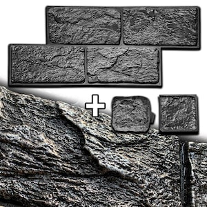 May include: A set of four black rubber moulds for creating stone-like textured concrete. The moulds are shaped like rectangular bricks and a square. The moulds are shown next to a sample of the textured concrete.