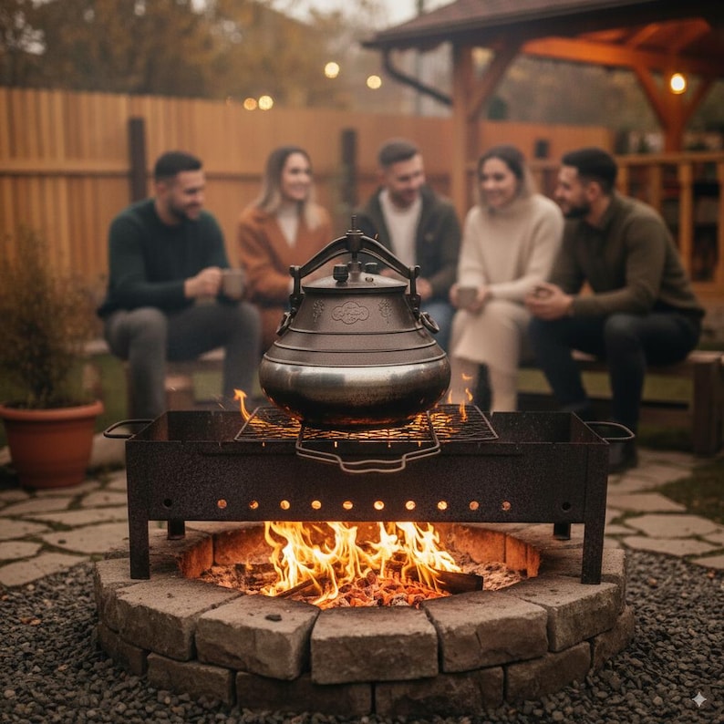 May include: A metal cooking pot sits on a grill over a fire pit. The fire pit is made of stone and surrounded by a patio. A group of people are sitting in the background.