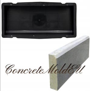 May include: A black plastic mould for making concrete edging. The mould is shown next to a finished concrete edging piece. The concrete edging is grey with a slightly textured surface. The text "Concrete Mold EU" is visible in the image.