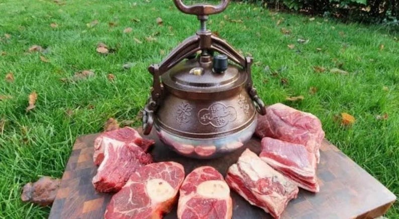 May include: A copper-colored pressure cooker with a handle and a silver base, surrounded by raw meat cuts on a wooden cutting board. The background is green grass.