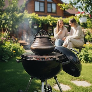 May include: A black charcoal grill with a round cooking surface and a domed lid. A bronze-colored cooking pot sits on the grill, with smoke rising from the hot coals. The scene is set outdoors in a garden.