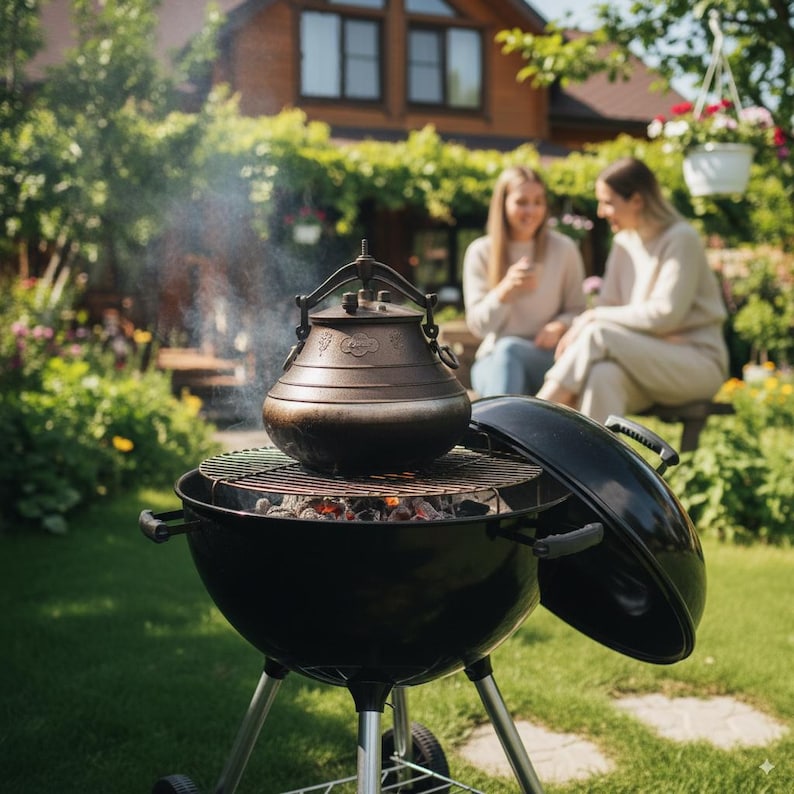 May include: A black charcoal grill with a round cooking surface and a domed lid. A bronze-colored cooking pot sits on the grill, with smoke rising from the hot coals. The scene is set outdoors in a garden.