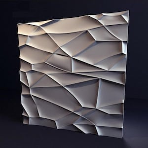 May include: A white 3D wall panel featuring a geometric pattern of raised and recessed triangles. The panel has a textured, contemporary look.