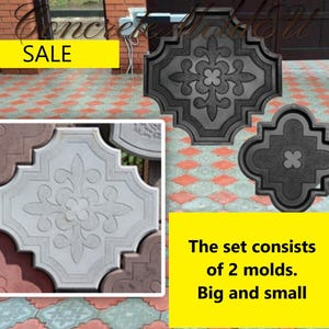 Puede incluir: Dos moldes de plástico negro para hacer adoquines de hormigón. El molde más grande tiene un diseño más intrincado con un patrón floral. El molde más pequeño tiene un diseño más simple con forma de cruz. El texto "The set consists of 2 molds. Big and small" es visible en la imagen.