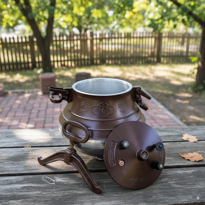 May include: A brown metal cooking pot with a lid and stand, set on a wooden table outdoors. The pot has a silver interior and decorative floral patterns. The lid features black knobs and the stand is a tripod design.