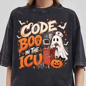 Code Boo IVA-tröja, akutsjuksköterska Halloween-tröja, medicinsk Halloween-tröja, akutsjukvårdspersonaldräkt, läskig skjorta för sjukvårdspersonal