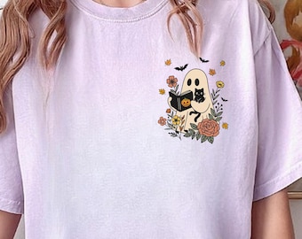 Reading Ghost Cat Halloween (On Pocket), Halloween Ghost Librarian Shirt, Cute Ghosts Reading Books Tee, Ghost Halloween Gift, Ghost Book
