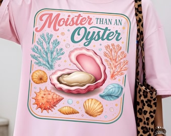 Camiseta "Mais úmido que uma ostra", camiseta retrô de verão com estampa, camiseta divertida com estampa de frutos do mar, camiseta divertida com animais marinhos, ótima ideia para presente