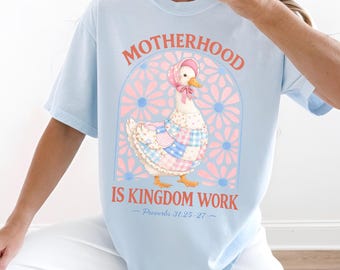 Camiseta "Maternidade é Trabalho do Reino", Camiseta "Mamãe Ganso Cristã", Camiseta "Mãe Cristã", Camiseta "Provérbios 31", Camiseta com Base na Fé