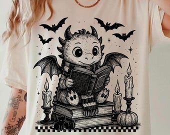Camiseta de Halloween con dragón adorable, divertida camiseta de Halloween para amantes de los libros, camiseta de club de lectura de fantasía, camiseta de jinete de dragón, camiseta de colores cómodos de fantasía de dragón