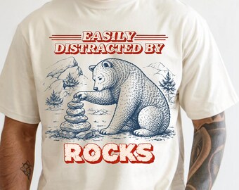 Camiseta Urso Facilmente Distraído por Rochas, Camiseta de Geologia Urso, Camiseta de Escalada, Presentes para Trilhas, Camiseta para Pai Escalador, Camiseta para Trilheiro e Rocha, Professor de Geologia