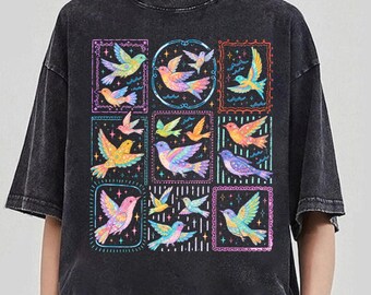 Bird Tropical Stamps TShirt, Vintage Bird Species Shirt, Bird Summer Tee, Cute Bird Graphic Tee, Whimsical Cottagecore Tshirt