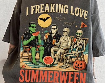 Ich liebe Summerween Shirt, Sommer Halloween T-Shirt, Horror Charaktere Shirt, Halloween im Sommer T-Shirt, Halloween Schurken Strand Urlaub