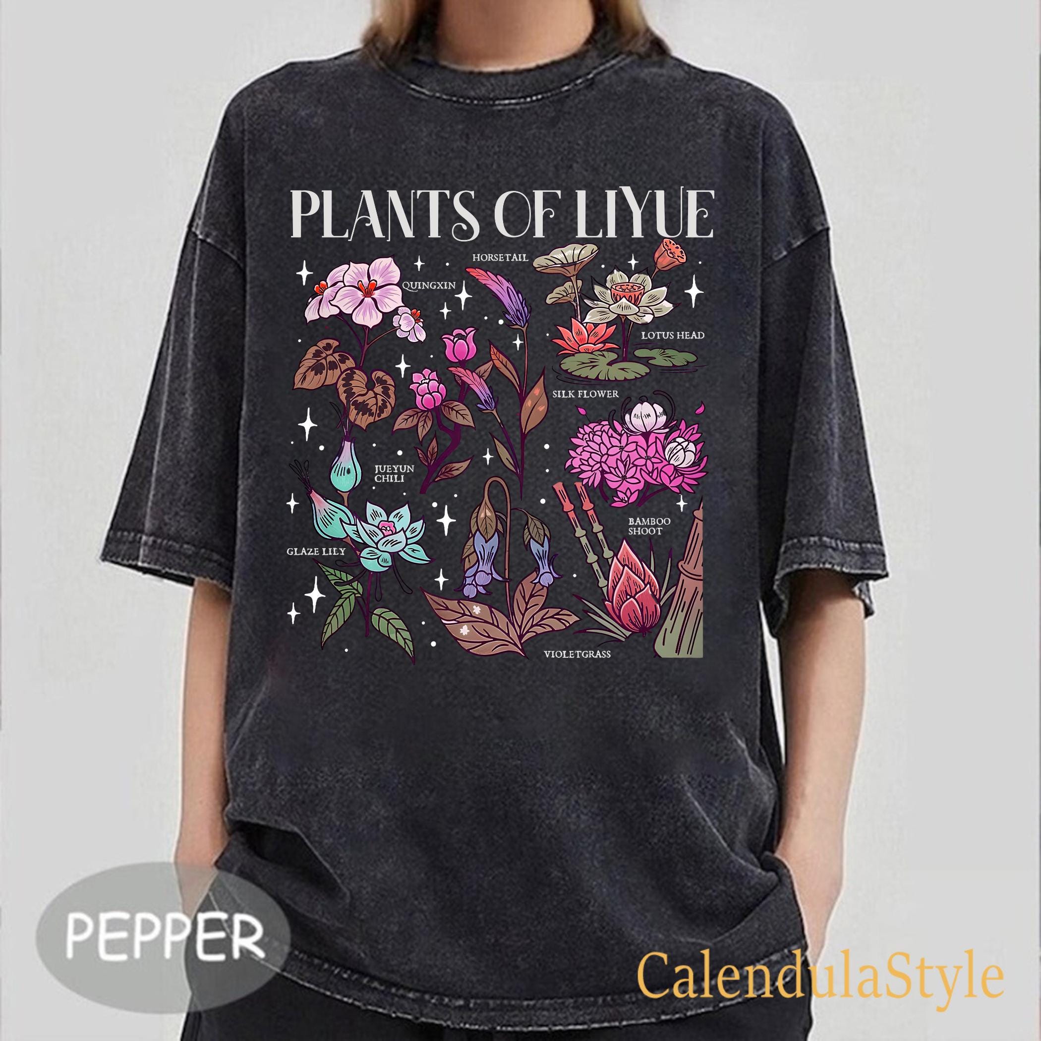 Discover Plants of Liyue Tee, Floral Game Lover Mineral Wash T-shirts, Wildflower Genshin T Shirt
