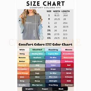 Puede incluir: Tabla de tallas para ropa Comfort Colors 1717, que muestra las medidas de ancho y largo en pulgadas para las tallas S a 4XL. Incluye una carta de colores con varios tonos como blanco, azul, verde y rojo.