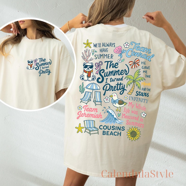 May include: Cream-colored t-shirt with a graphic on the front and back. The front features a bear wearing sunglasses and the text "The Summer I Turned Pretty." The back has summer-themed illustrations and text, including "Team Conrad" and "Cousins Beach."