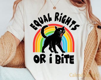 Equal Rights Or I Bites Rainbow Cat Shirt, Pride Activism Kitty Tee, LGBTQAI Pride Gift Idea, Cat Lover Gift, Rainbow LGBT Pride Flag Shirt