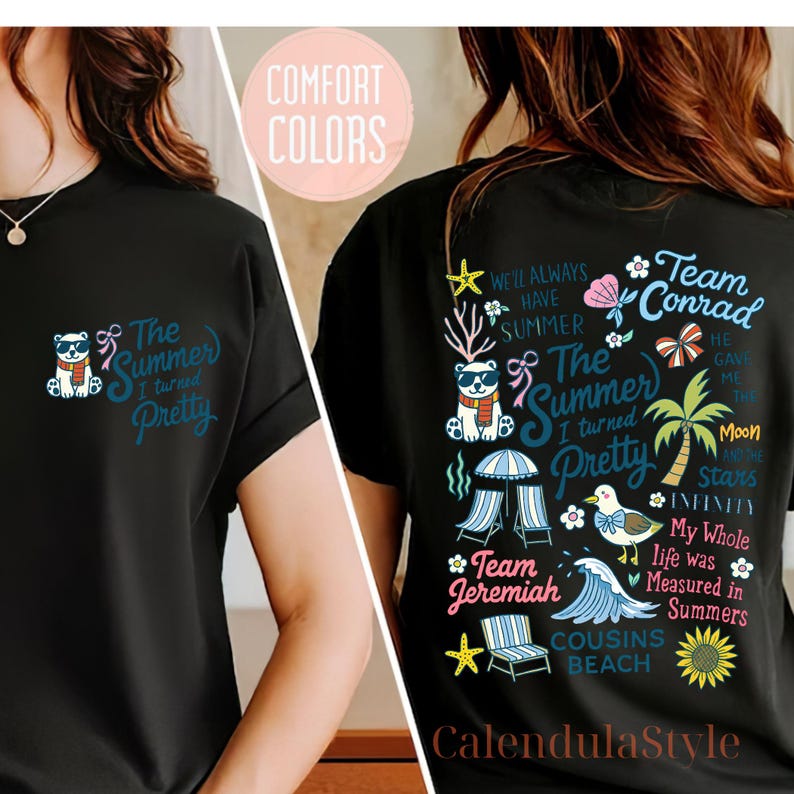May include: Black t-shirt with a graphic on the front that says "The Summer I turned Pretty" with a bear wearing sunglasses and a scarf. The back of the shirt has a colorful design with text and beach-themed illustrations. The text includes "Team Conrad" and "Team Jeremiah".