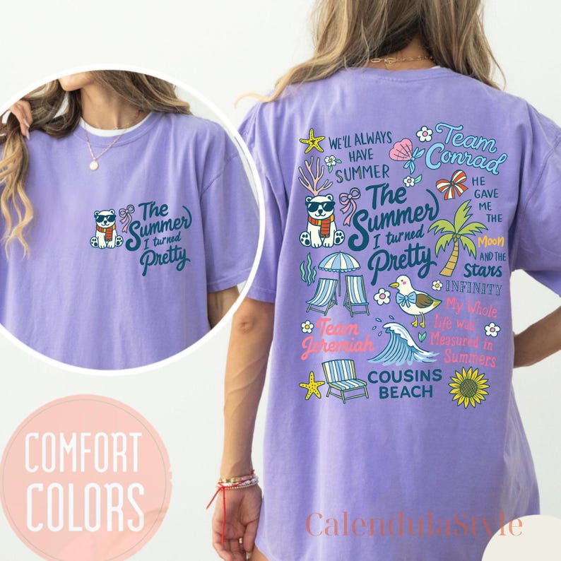 May include: A lilac-colored t-shirt with a graphic on the front that says "The Summer I turned Pretty" and a cartoon bear wearing sunglasses and a scarf. The back of the shirt has a summer-themed design with text and illustrations.