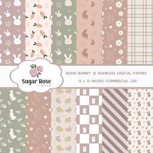 Boho Bunny Digital Papers, Seamless patterns,Doodle Rabbits and Flowers,Bunny Seamless, Hand drawn Patterns, Commercial Use