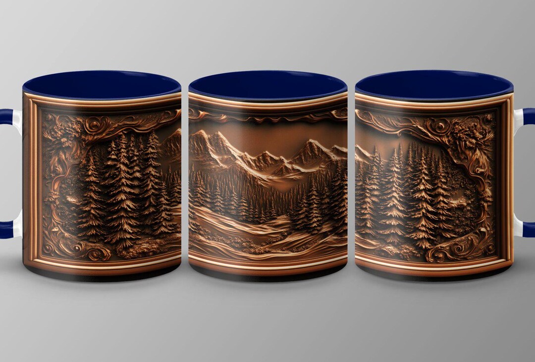 Mountain Forest Scene Mug, Embossed Landscape Art Coffee Cup, Enchanted ...