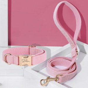 Custom Velvet Pink Dog Collar Leash Bow Set, Personalized Pink Puppy Collar with Engraved Name, Wedding Dog Collar, Corduroy Pink Collar
