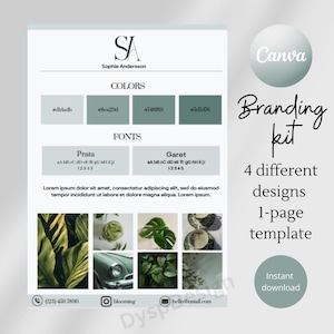 Peut inclure: Modèle de kit de marque avec un schéma de couleurs vert et blanc. Le modèle comprend un logo, une palette de couleurs, des polices et une mise en page d'exemple. Le texte sur le modèle indique "Kit de marque", "4 designs différents", "Modèle d'une page", "Téléchargement instantané", "Sophie Andersson", "Couleurs", "Polices", "Prata", "Garet", "(123) 456 7890", "blooming", "hello@email.com", "#didadb", "#8cn29d", "#748089", "#547676", "A bBc CdDeF 12345", "aB bC cD dE eF gO hI jJ 12345".