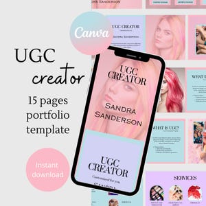 Puede incluir: La pantalla de un teléfono que muestra una plantilla de Canva para un portafolio de creador de UGC. La plantilla presenta un esquema de color rosa y azul con el texto "UGC Creator" y "Sandra Sanderson".