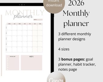 2026 Monthly Planner 1 Page Minimal Monthly Planner Pages Monthly Organizer Monthly Agenda Printable PDF A4/A5/Letter/Half