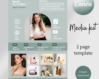 May include: A green and white media kit template with the text "Sarah Blooming" and "Beauty & Home". The template includes a photo of a woman, social media icons, and statistics about her following. The template also includes a section for product photos and contact information.