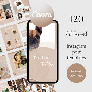 Puede incluir: Una maqueta digital de una pantalla de teléfono que muestra una plantilla de publicación en redes sociales con un bulldog francés marrón y blanco. La plantilla tiene un fondo beige con el texto "Cuadro de texto" y "Cuadro de texto". La pantalla del teléfono está rodeada de un collage de otras plantillas de publicación en redes sociales con varias razas de perros. El texto "Canva" se muestra en un círculo sobre la pantalla del teléfono. El texto "120 plantillas de publicaciones de Instagram con temática de mascotas" se muestra en un círculo a la derecha de la pantalla del teléfono. El texto "Descarga instantánea" se muestra en un círculo debajo de la pantalla del teléfono.