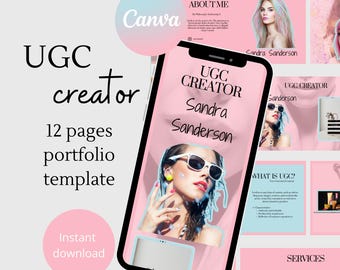 May include: A pink Canva template for a UGC creator portfolio. The design includes the text "UGC creator," "12 pages portfolio template," and "Instant download." A smartphone displays the portfolio with the name "Sandra Sanderson."