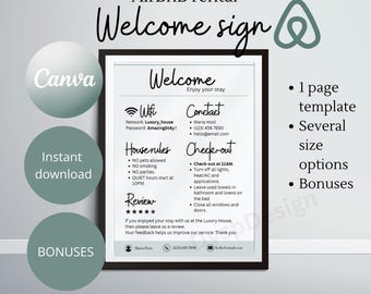Airbnb welcome template Guest arrival poster welcome canva editable template house rules template house rental sign things to know vrbo