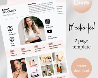 May include: A media kit template for a beauty and home brand called Sarah Blooming. The template includes a photo of the brand owner, social media statistics, and a grid of product photos. The template is designed to be used for marketing and branding purposes.